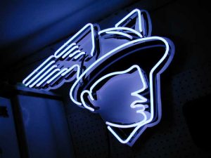 Iconic Mercury Man neon graphic