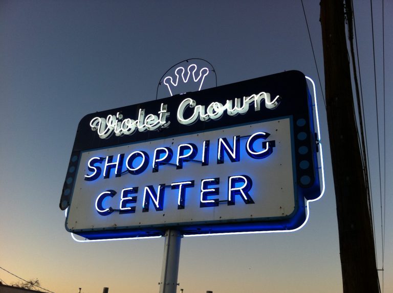 Restored Violet Crown Shopping Center sign