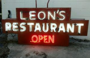 Completed restoration of the Leon's Restaurant sign from San Antonio